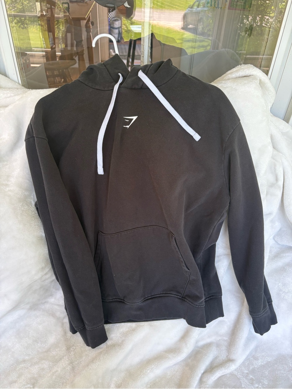 Gymshark Black Hoodie with White Drawstrings and Small Logo